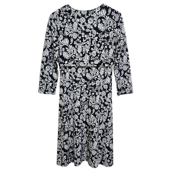 Isadora Dress Sz 8 Black White Paisley V Neck Jersey Knit Flare Midi Stretch - Picture 2 of 9